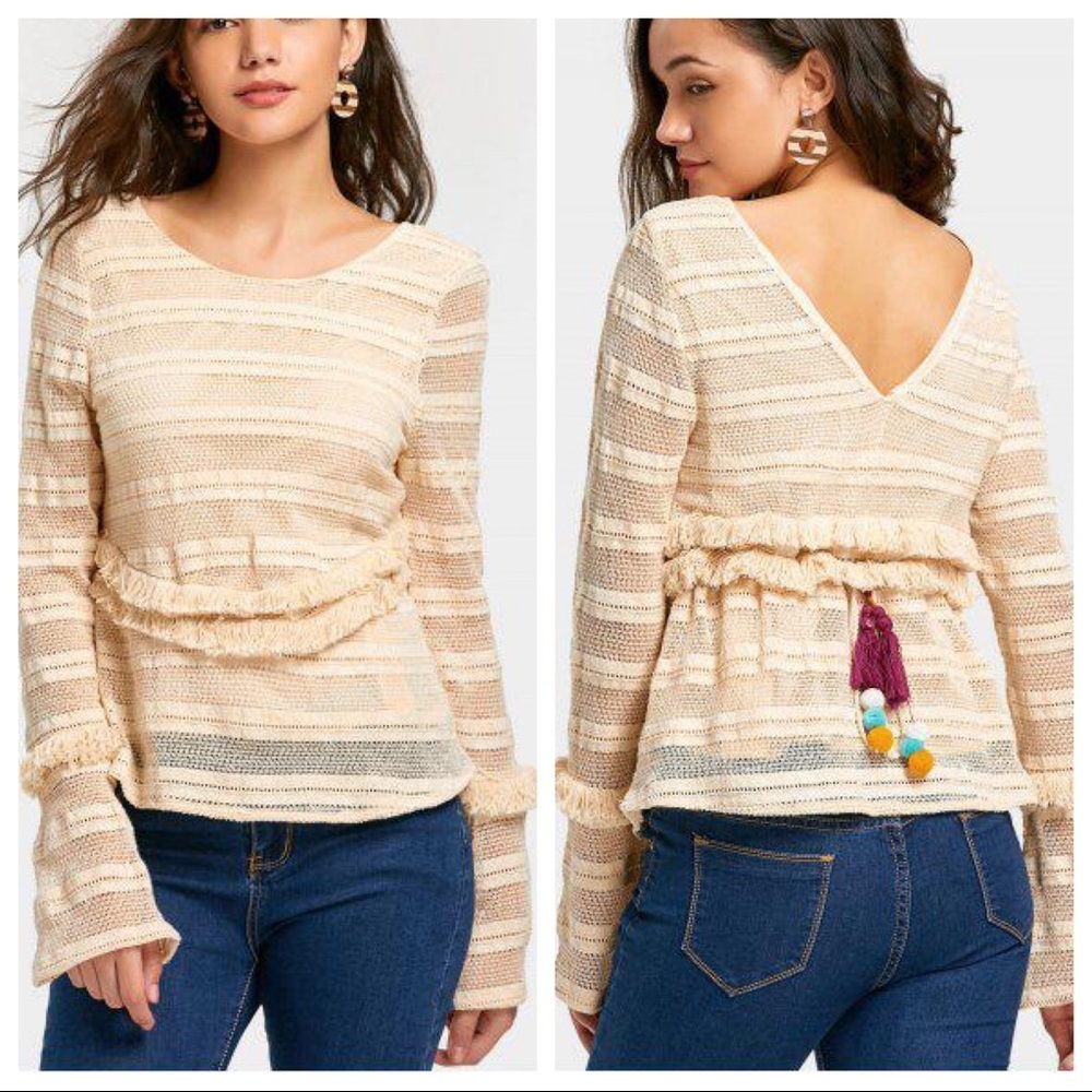 Zara Cream Crochet Boho Fringed Tassel Tie Top Size Medium